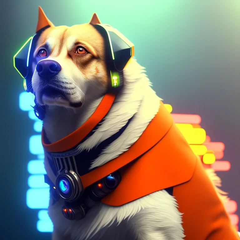 A beautiful portrait of a cyberpunk dog facing camera orange color scheme, high key lighting, volumetric light high details with white stripes and feathers unreal 5, octane render, cinema4d, dynamic lighting, dramatic lighting, 4k, redshift render, highly detailed, hyper realistic