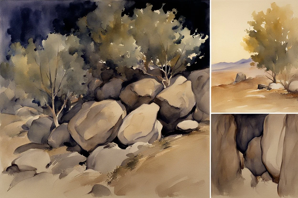 night, rocks, trees, mountains, john singer sargent watercolor paintings