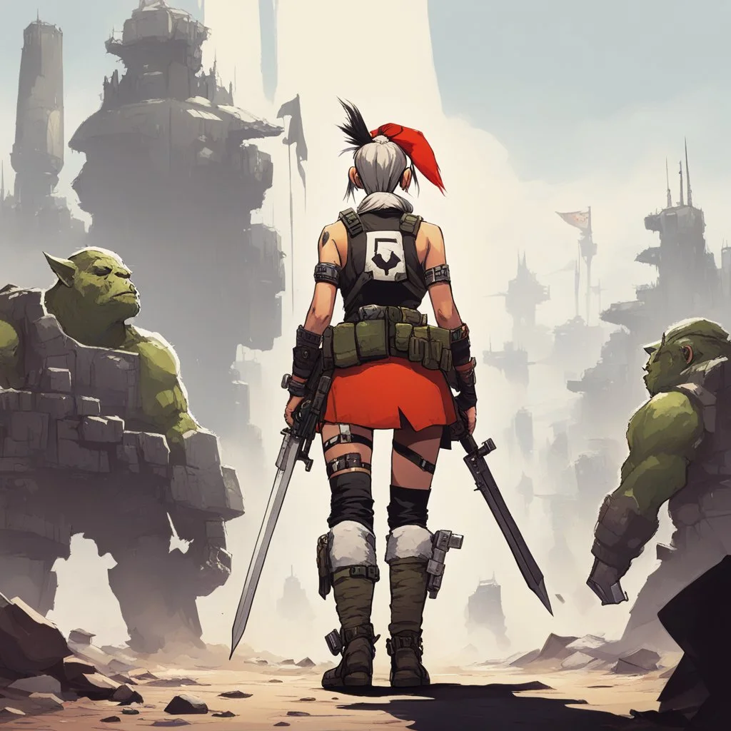 small tank girl young seen from the back with a white flag blocks tall orcs and giants, she is the soldier of peace