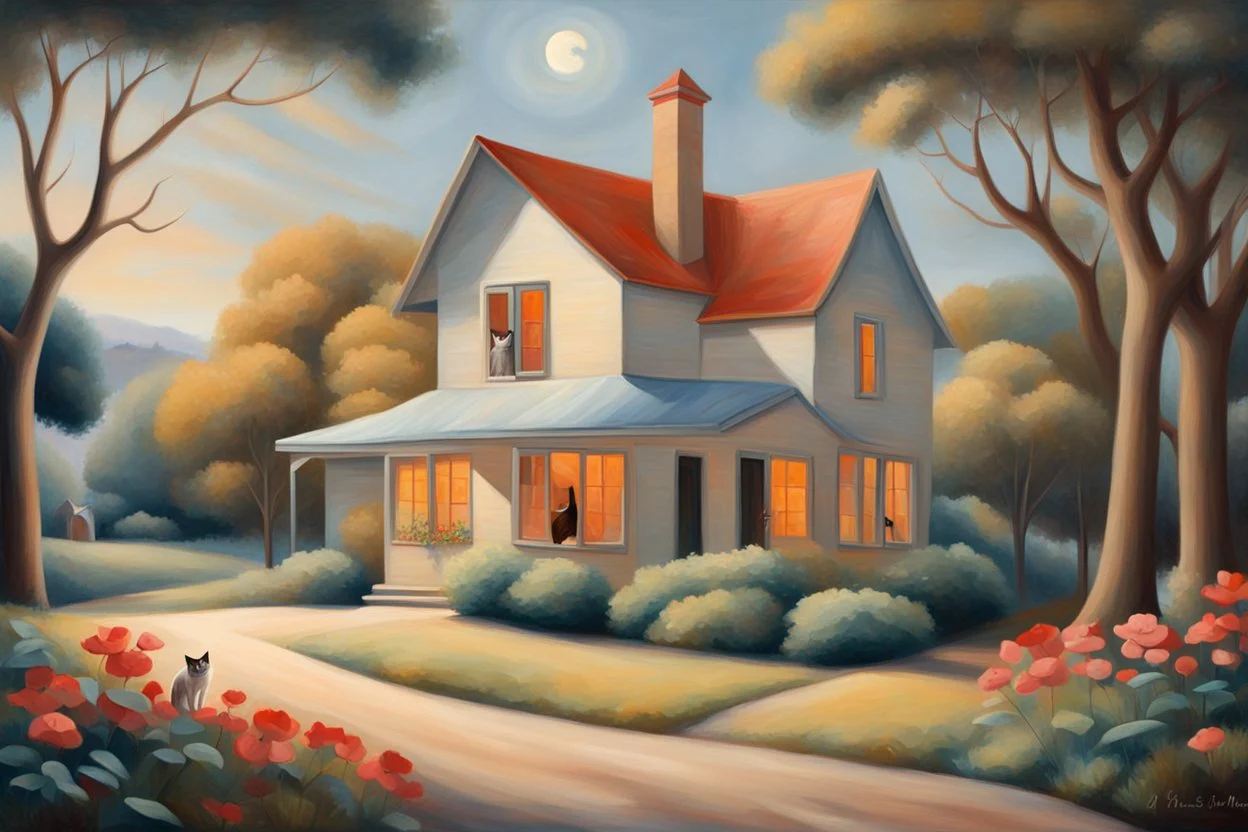 captivating, high-resolution oil painting masterpiece that depicts a charming, cozy house nestled in a serene landscape. The house exudes warmth and an inviting atmosphere, as a gentle breeze rustles through the trees. The bold, elegant text "A house is not a home without a Siamese cat" adds a personal and whimsical touch. At the center, a sleek, sophisticated Siamese cat perches gracefully on a windowsill, gazing into the distance with an enigmatic expression. The painting m