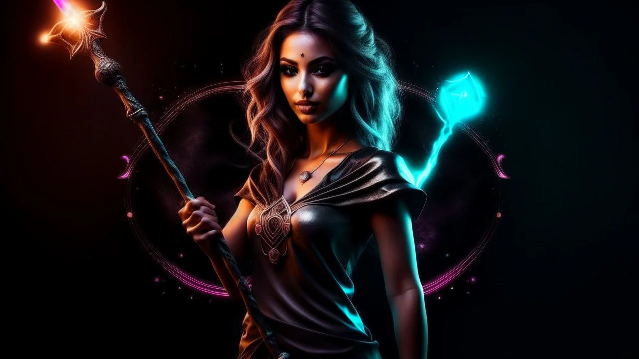 fantasy girl on a bright background holds a magic staff, with the ERAZE logo. The edges of the image fade to black.