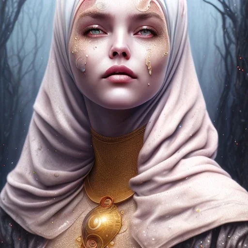 dripping, runnt, melting watercolor painting as woman's face, wearing hijab, fine detail, highly intricate, modern surrealism painting, fog, high-quality, volumetric lighting, 8k, ultrahd, George Grie, Marco Escobedo, Igor Morski,Brian Froud, Howard Lyon, Selina French,