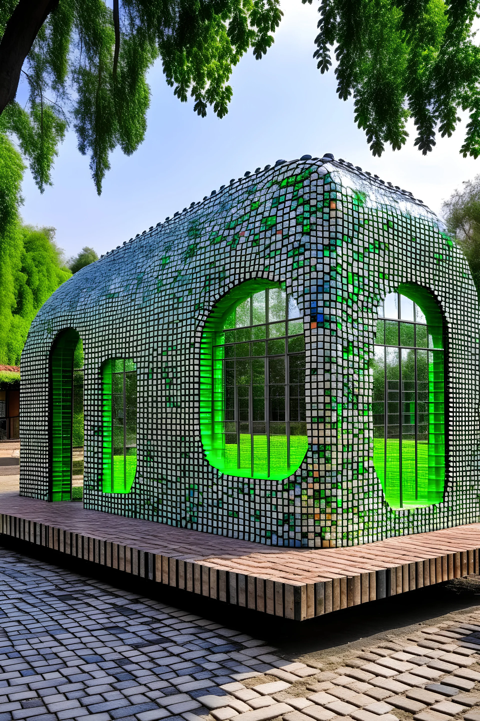 Pavilion made of recycled materials like recycled glass and recycled wood, at a historical site in Mexico, that hosts temporary exhibitions of local and national artists, promoting the art and culture of the region of Puebla. The design needs to be curvilinear and organic