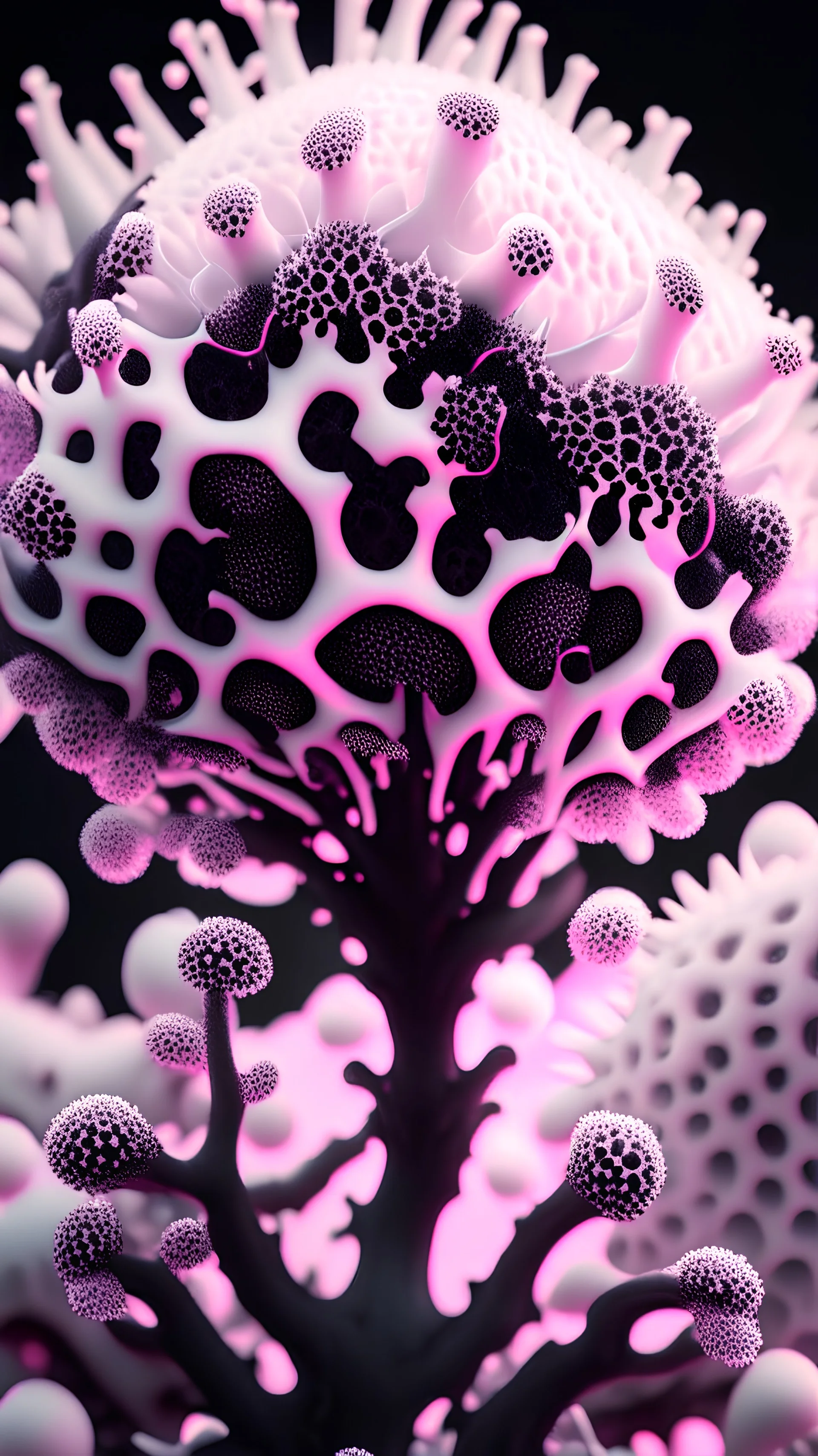 picture of a white, black and pink mandelbulb-radiolaria-tree-hybrid. concept art in the style of ernst haeckel. hyperrealism 4K ultra HD unreal engine 5 photorealism Sharp on focus.