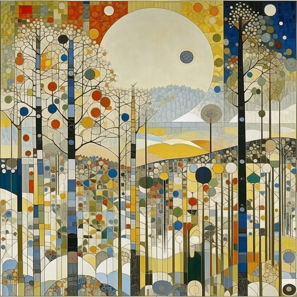 A white arid forest in the sky with spiny trees designed in ancient Roman mosaics painted by Wassily Kandinsky