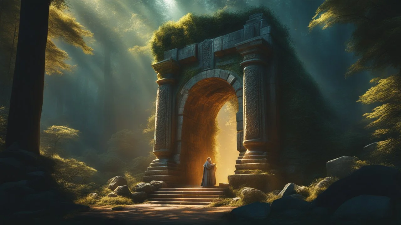 an ancient portal. magic light. stone golems. dense forrest. cinematic lighting, hyper realisme, Hyperrealistic, splash art, concept art, mid shot, intricately detailed, color depth, dramatic, 2/3 face angle, side light, colorful background