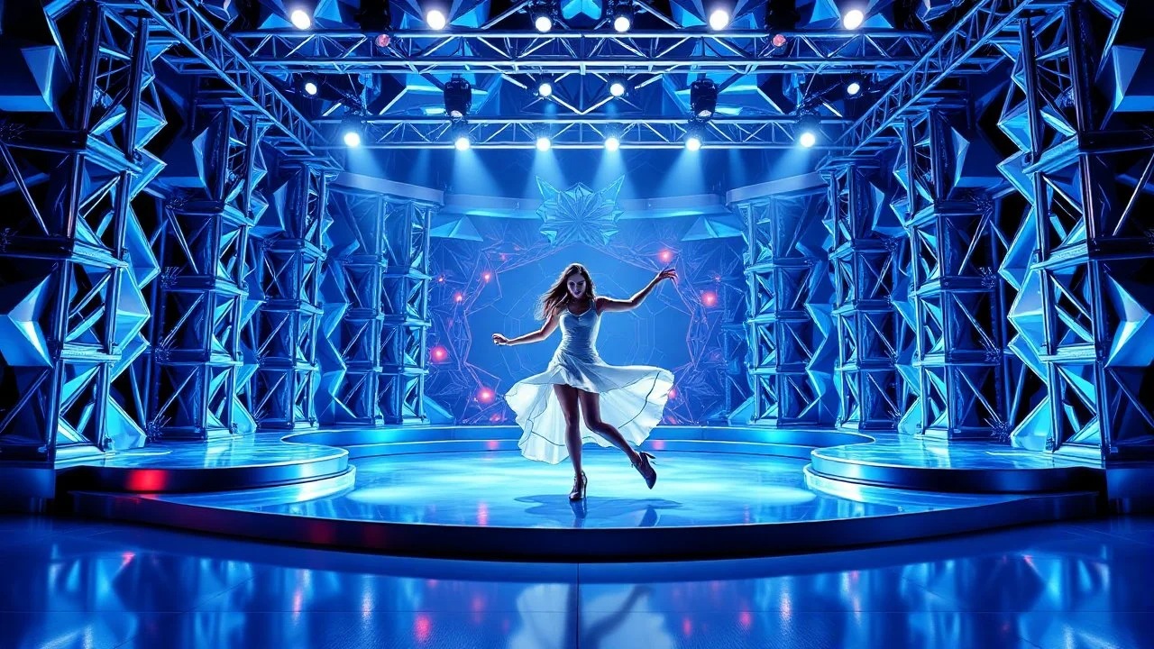 a 3d fractal stage structre made of metallic blue theme 3d structures, pertty artistc background,dynamic lights,lady prances in modern fashion clothing dansing in stage