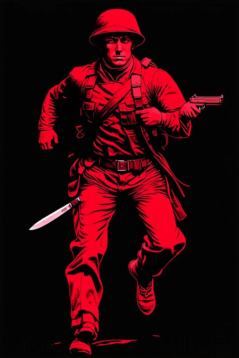 poster of a soldier running towards viewer, a knife i one hand, and a gun(barrel pointing at viewer) in the other. retro poster monochrome with white background