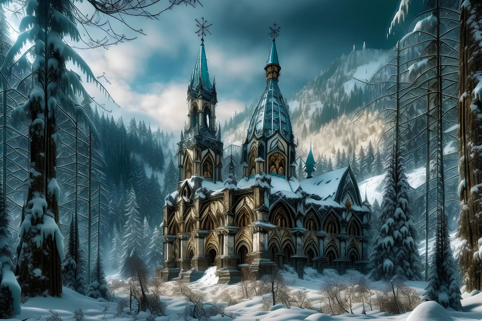 medieval cathedral in the snow covered mountain forest