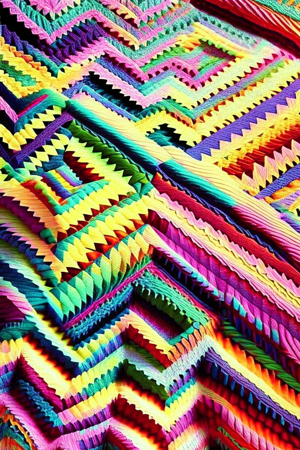 Day dawning skin crawling; insanely detailed zigzag quilt made of alternating colors of yarn; colorful; pastels