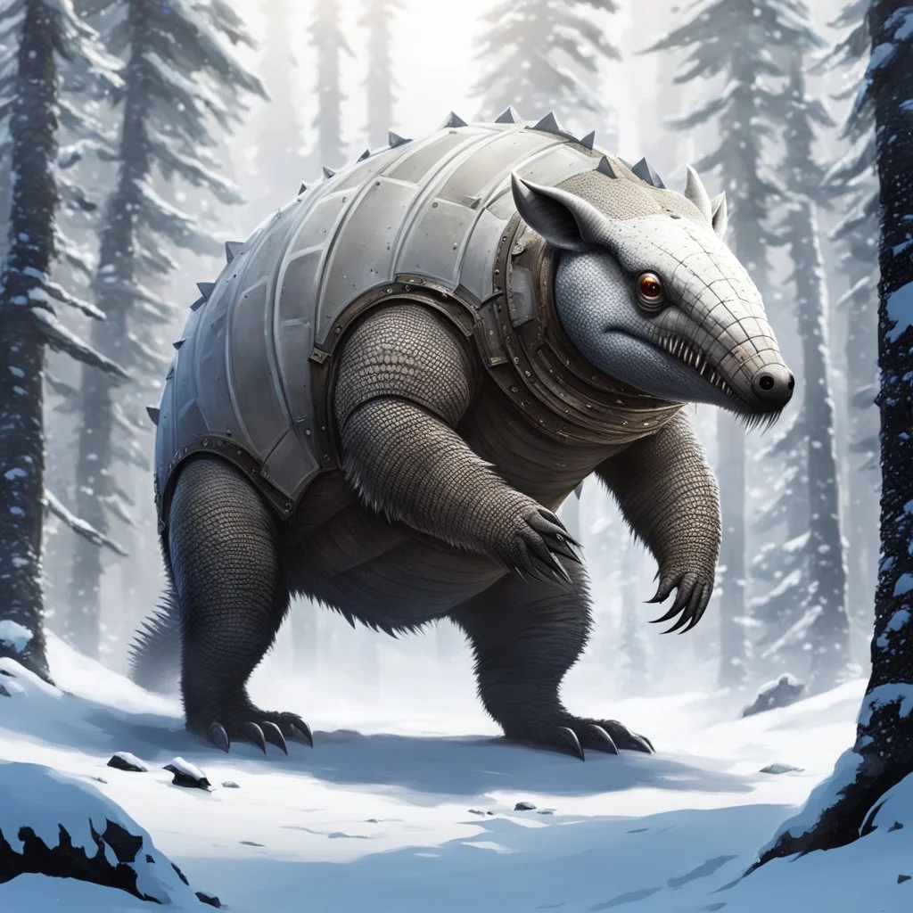 an alien monster, armoured body like an armadillo but it's as big as a polar bear. White, mouth filled with jagged teeth. long scaled tail. Clawed feet. in a snowy forest.