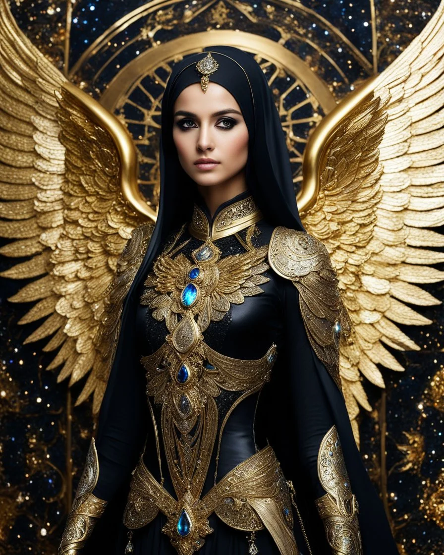 Photography A Length Super model Iranian Woman Hijab as Beautiful Archangel with wings made from metal craft,dressing luxurious golden and black color armor filigree fcombination fully crystals diamonds stone crystals,Cosmic Nebula Background