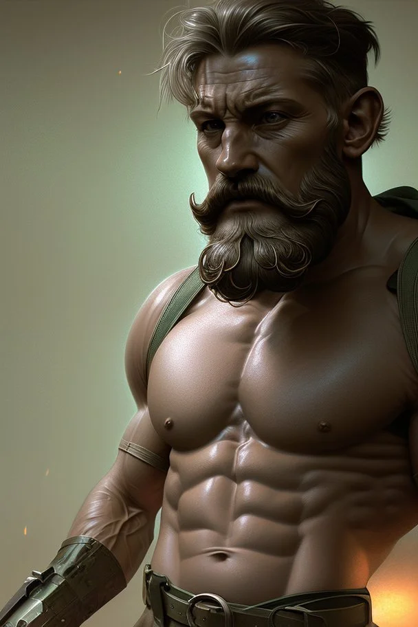 photorealistic male bearded handsome soldier, hyperdetailed painting, luminism, Bar lighting, complex, dark green miltary, 4k resolution concept art, Artgerm, WLOP, Alphonse Mucha, 3d render, octane render, intricately detailed, cinematic, awesome full color, hand drawn, dark, gritty, cinematic, buckeye burl