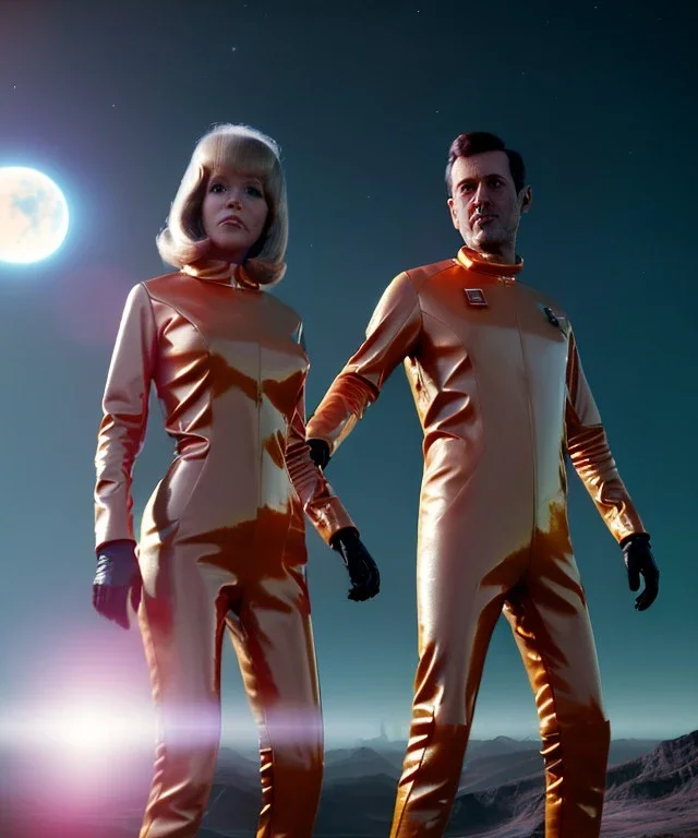 Ultra Realistic retro sci-fi image from 1960, spaceship, sweet young woman Jane Fonda with a man, dress with tight latex coat and retro glass helmet, Retro sci-fi style, soft color, highly detailed, unreal engine 5, ray tracing, RTX, lumen lighting, ultra detail, volumetric lighting, 3d, finely drawn, high definition, high resolution.
