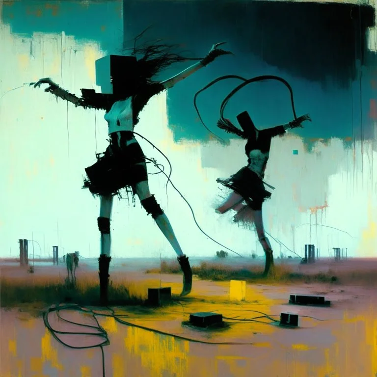 Dystopian future women with a twisted body dancing with retro monitor head and handing wires. In desolate landscape low horizonline at night. With a concrete decaying blocks. Abstract oil painting in style of Justin Mortimer and Phil Hale