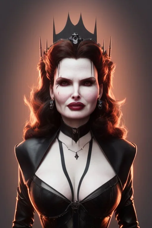 Geena Davis as evil queen in black leather, leather, busty, cleavage, angry, rage, stern look. character design by cory loftis, fenghua zhong, ryohei hase, ismail inceoglu and ruan jia. unreal engine 5, artistic lighting, highly detailed, photorealistic, fantasy