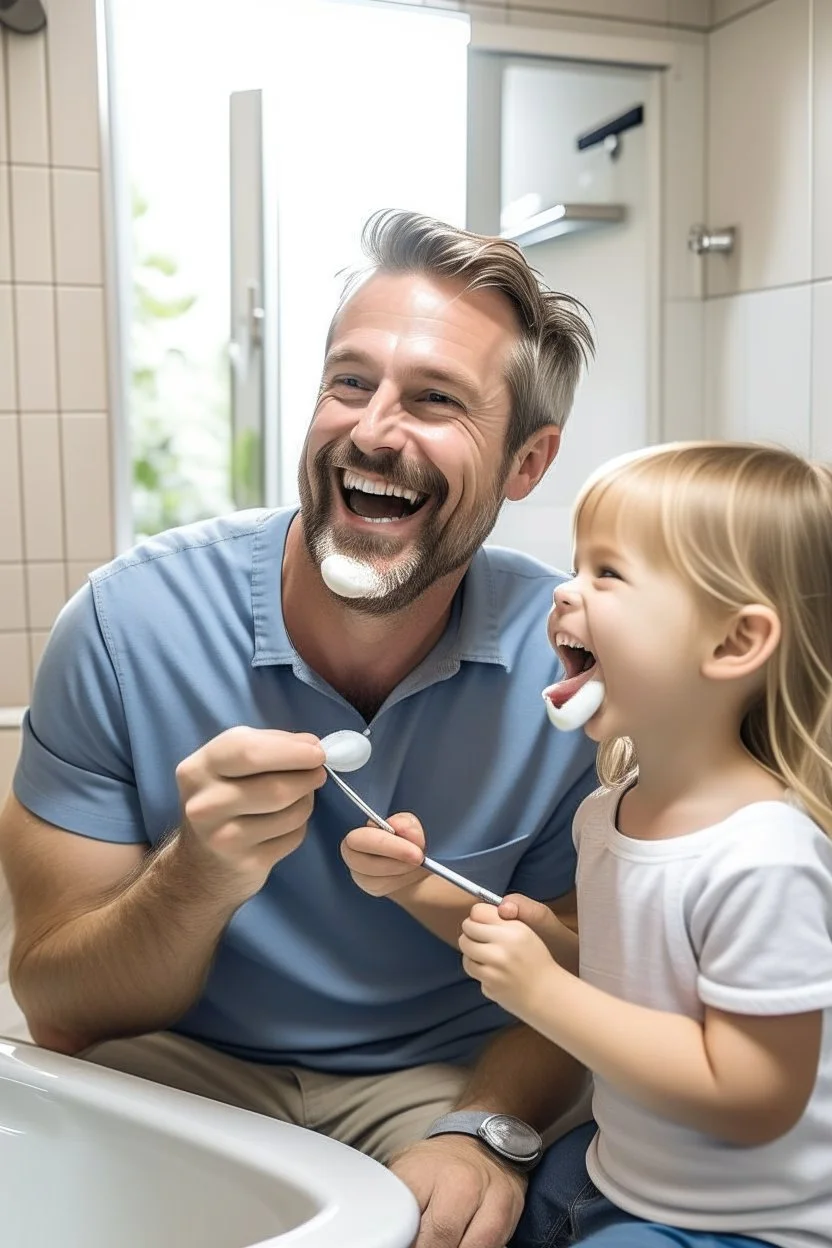 une père de famille de 30 ans montre, dans la salle de bain d'une maison, à ses 3 enfants comment se brosser les dents, dans la joie.