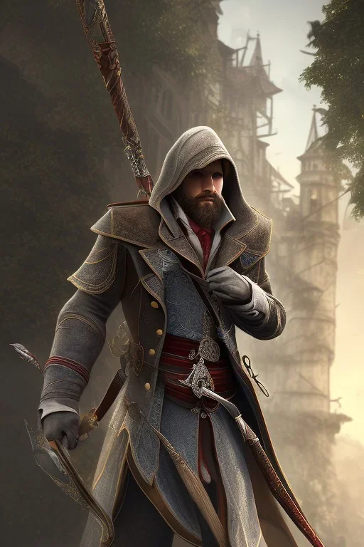 Santa Cruz :assassin Creed clothes, high details, cool 1800 city background,