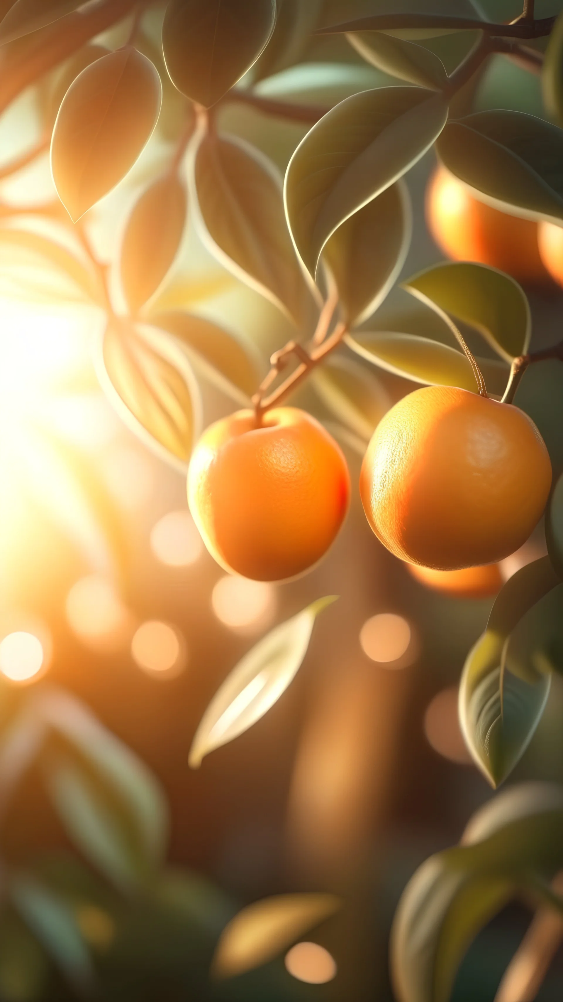 Orange tree closeup, light reflection, pastel colors, pink and green, hd, detailed, full 4k resolution, photography