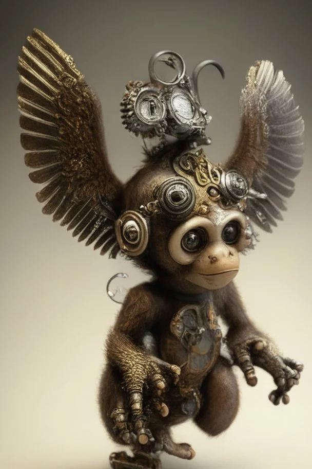 small cute steampunk mechanical monkey, made of metal with mechanical wings