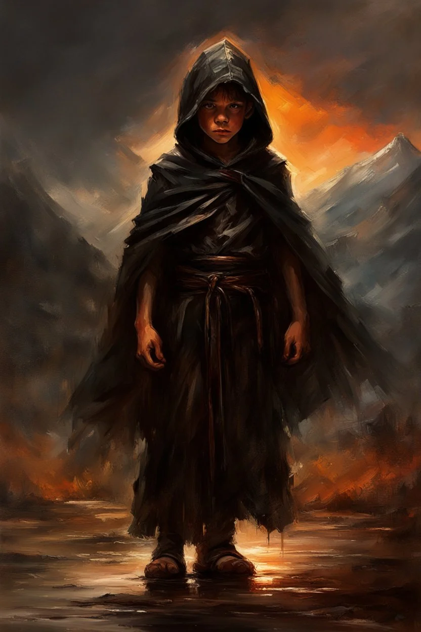 A formidable warrior-a 10-year-old boy in a black robe with a hood, on the background Amazing gloomy landscape, flooded with sunset, mountains, trees, fabulous scary hero, , juicy emotions, painting, dark fantasy, bad weather, gloomy day, dark world, by Raymond Swanland & Anna Razumovskaya