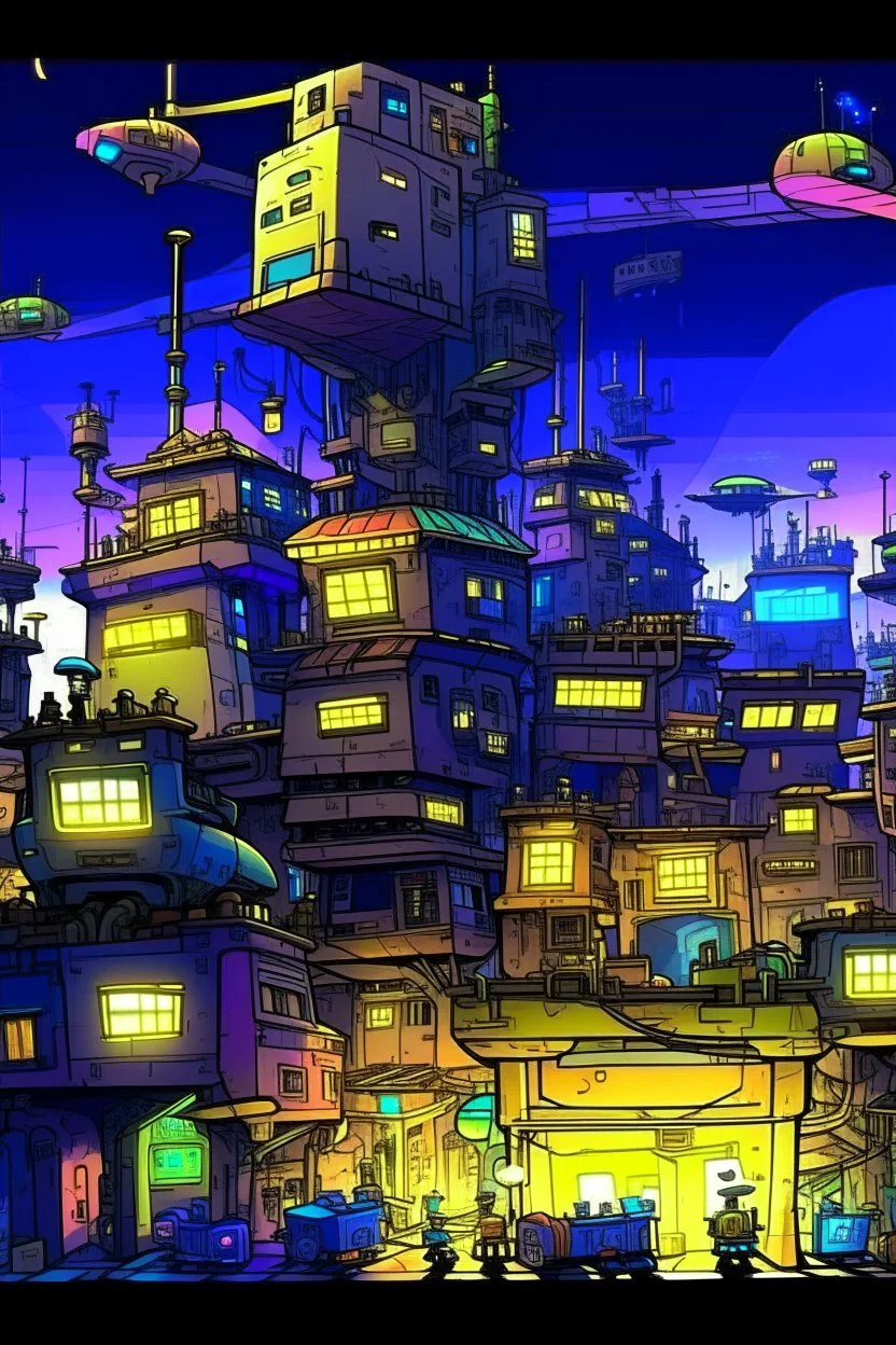 Create cartoon art featuring shinny glossy textures cityscape , highly detailed and chaotic sci-fi sophisticated and futuristic scenes. It features bright colors with shades of golden, black, soft purple, green and blue dominating. The design appears to be filled with organic and machine-like elements that blend with each other. The Buildings intertwined with drone, robot and tech around it giving it a dystopian and cybernetic feel.