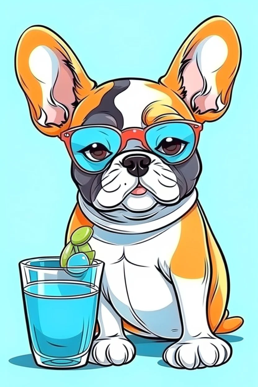 french bulldog in sunglasses drink cocktail cartoon