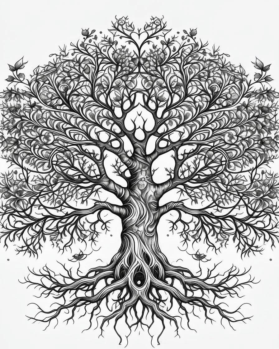 realistic tree of life tattoo idea, line art, background, vector, svg, black outline on white background, leave plenty of white space beetween lines for coloring, tattoo style, tattoo idea,full body, minimalist