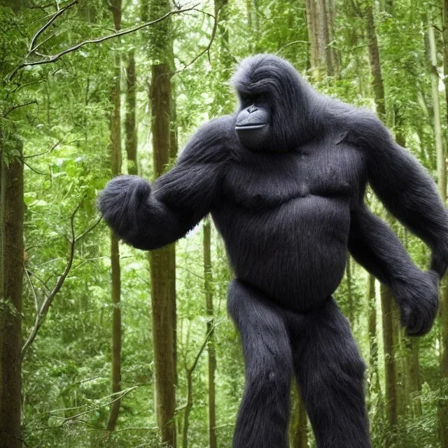 huge giant upright ape hybrid human, grey black, destroying a tree in forest, bigfoot, angry, big muscles