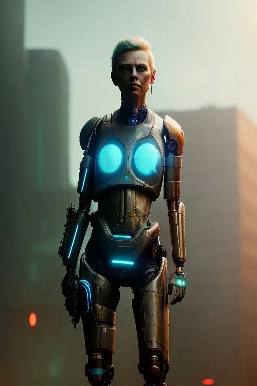 A portrait post-apocalypse cyborg CHARLIZE THYRON in a cyberpunk city, sci-fi fantasy style, 8k, volumetric lighting, particales,highly detailed,cinematic, deep scars on face,deep colours.