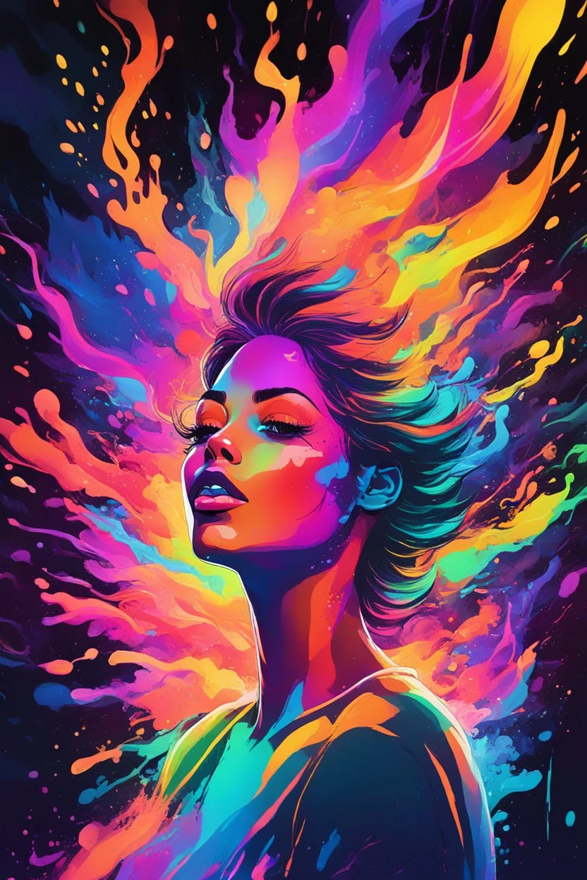 bold neon colors, cartoon style illustration of a woman as she sees the world while experiencing hallucinations, stoned, splash art, splashed neon colors, (iridiscent glowy smoke) ((motion effects)), best quality, wallpaper art, UHD, centered image, MSchiffer art, ((flat colors)), (cel-shading style) very bold neon colors, ((high saturation)) ink lines, psychedelic environment