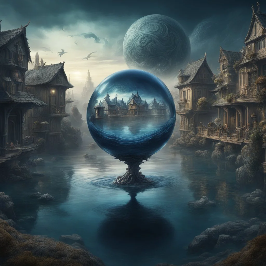 A translucent navy blue and glass platinum spooky smoke sphere filled with swirly ocean waves and a old village harbour, levitating in front of a humongous pond in an deoglu, Gustave Doré, detailed matte painting, deep color, fantastical, intricate detail, complementary colors, fantasy concept art, 8k resolutiosert oasis on dry dusty earth. wide view,