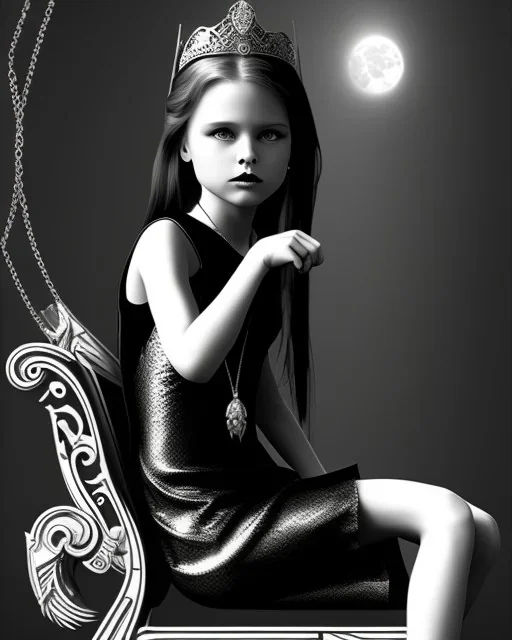 A young vampire girl sitting on a great throne, black and white