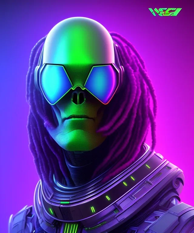 An eatheral alien portrait,sci-fi style,purple and black light neon colours,rasta hair,8k.