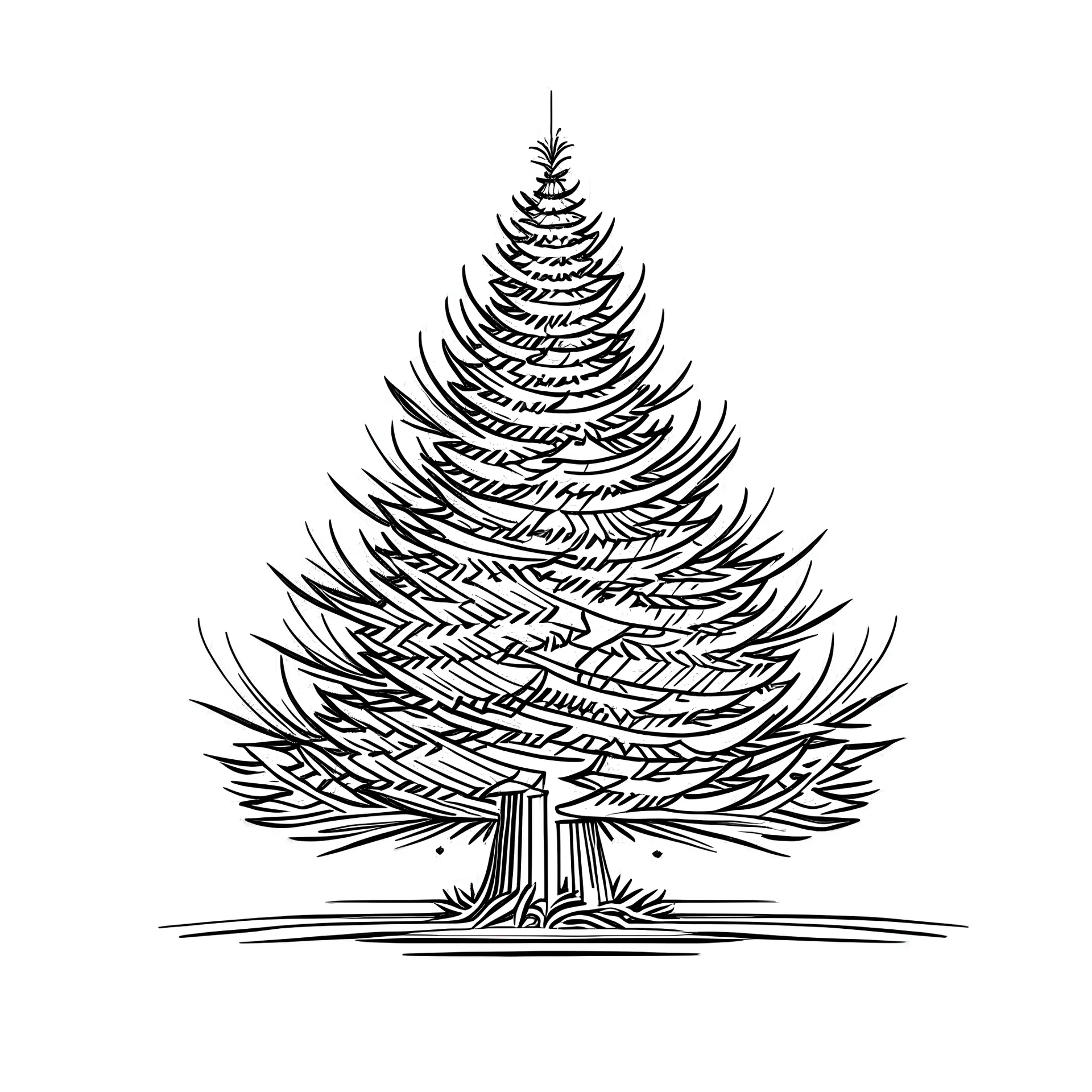 Drawin line art Christmas tree, white background, only white background, clean background