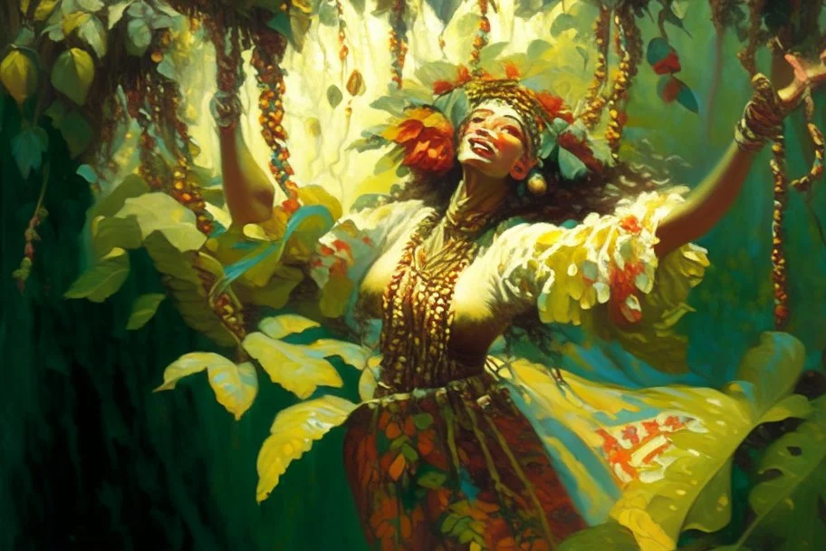 a lush jungle, a woman dressed in embroidered folk costume with a beaded bonnet on her head holding on to a vine with one hand while swinging across and reaching for the next vine with the other, dynamic movement, sunshine, oil on canvas