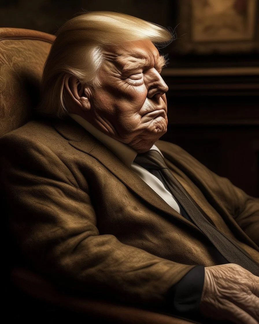 a chubby really old decomposing male mummy, looks similar to donald trump, eyes closed, leaned over in a brown chair