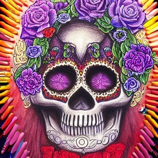 high-quality, fine-detail melted crayon drawing of realistic 3D day of the dead skull with flowers, artwork, 8k, intricate, detailed, illustration, brian froud, howard lyon, george grie, ben goossens, anna dittman, jeffrey robert, don marco