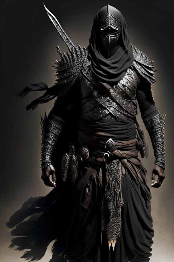 Arab warrior Full Body Full Armored Wearing Face Masculine Mysterious Powerful Fantasy High Quality with his bow black clothes .He stands before his soldiers