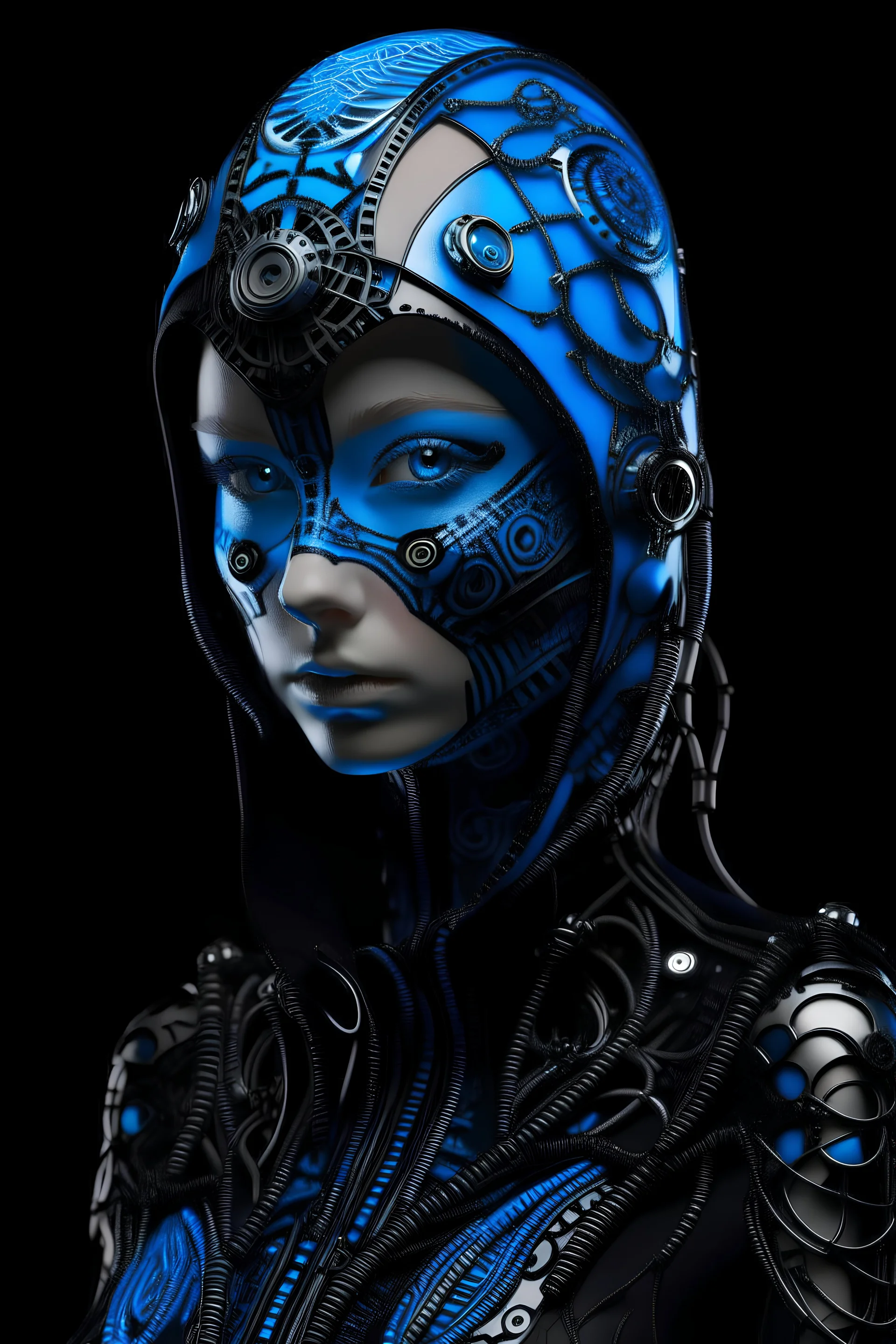 Beautiful faced vantablack young biomechanical girl wearing solden biomechanical black chhain steel ribbed of black obsidian ramalgamation biomechanical art nouveahalf face masque, ribbed with bioluminescense blue zafír black steel metallic headress, wearing biomechanical amalgamation style jacket dress ribbed with white ár nouveau floral metallic biomechanical green bioluminescense malachite mineral stone ribbed, organic bio spinal ribbed detail of biomechanical rbackround extremely detailed