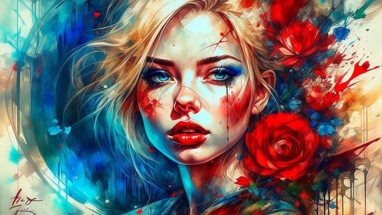 old canvas with worn torn folded edges and holes, cracks, heavily grained, broken lens effect, Iris wreath portrait Blonde woman, red lips, back tattoo, Alcohol ink, Hyperdetail, Anna Razumovskaya, Anna Dittmann, Luis Royo