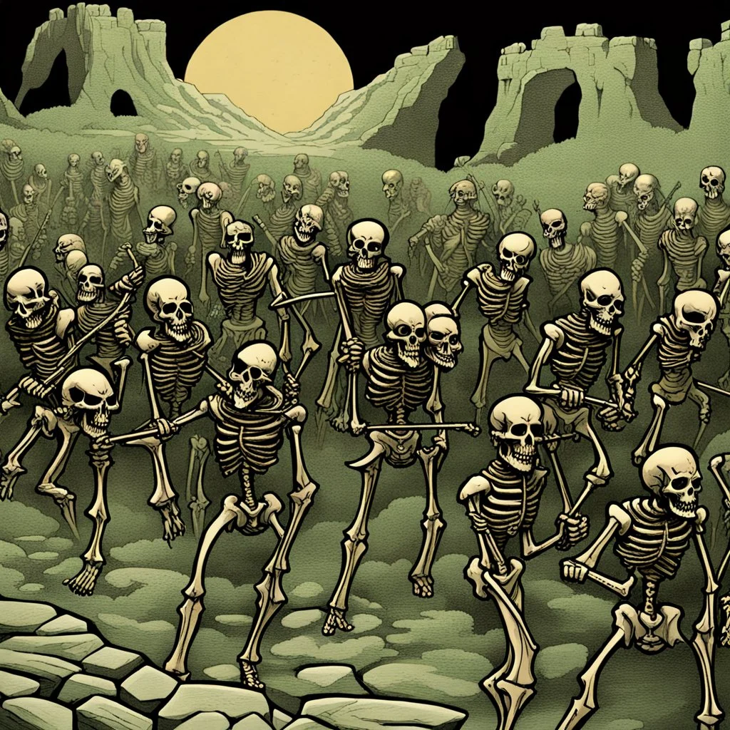 Stop motion animation, vintage animation art of an army of seven warrior skeletons from Jason and the Argonauts, ancient landscape, fantasy adventure, gothic warfare, cartoonist illustration, luminous, comic book style drawing in the style of Ray Harryhausen, Darren G. Davis, Scott Davis, airbrush 90s art, graphic novel, highly detailed, mythological fantasy, epic saga,