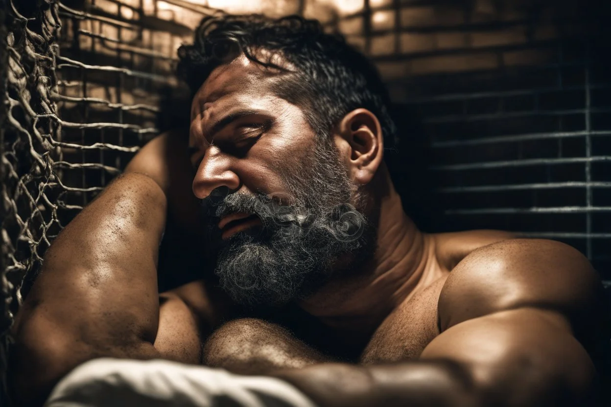 half figure shot photography of a sweat dirty marocan prisoner in cell sleeping lying down on a bed , manly chest, shirtless, muscular strong chubby 44 years old, low lights, ajar mouth, long beard, misery and poverty, dim light enters from a skylight above, lights from above, photorealistic, ambient occlusion, aerial view