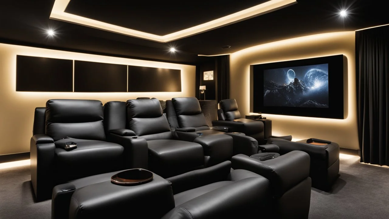 black themed home cinema room, recliners, ambient lighting, warm environment