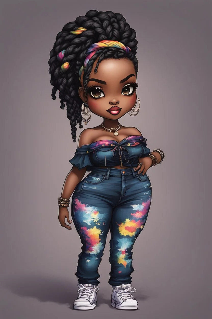 create a colorful abstract pop punk art image 8k of a chibi curvy black female wearing torn jeans pants and a black-tie dye off the shoulder blouse. Prominent make up with hazel eyes. Highly detailed long Senegalese twist in a hair wrap