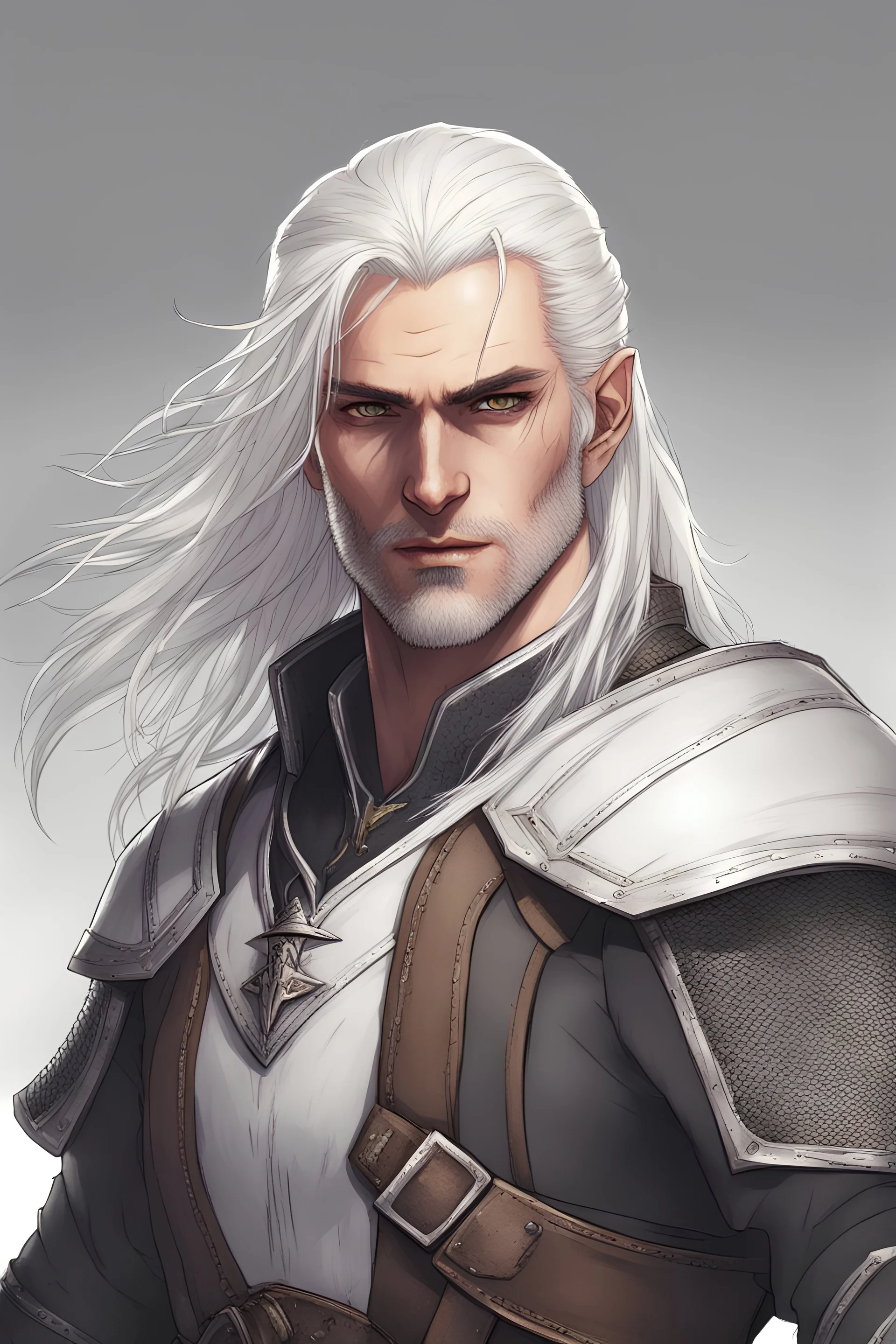 white hair, witcher, light armor, 2 swords, scars, witcher eyes, young, long hair, no beard, realistic