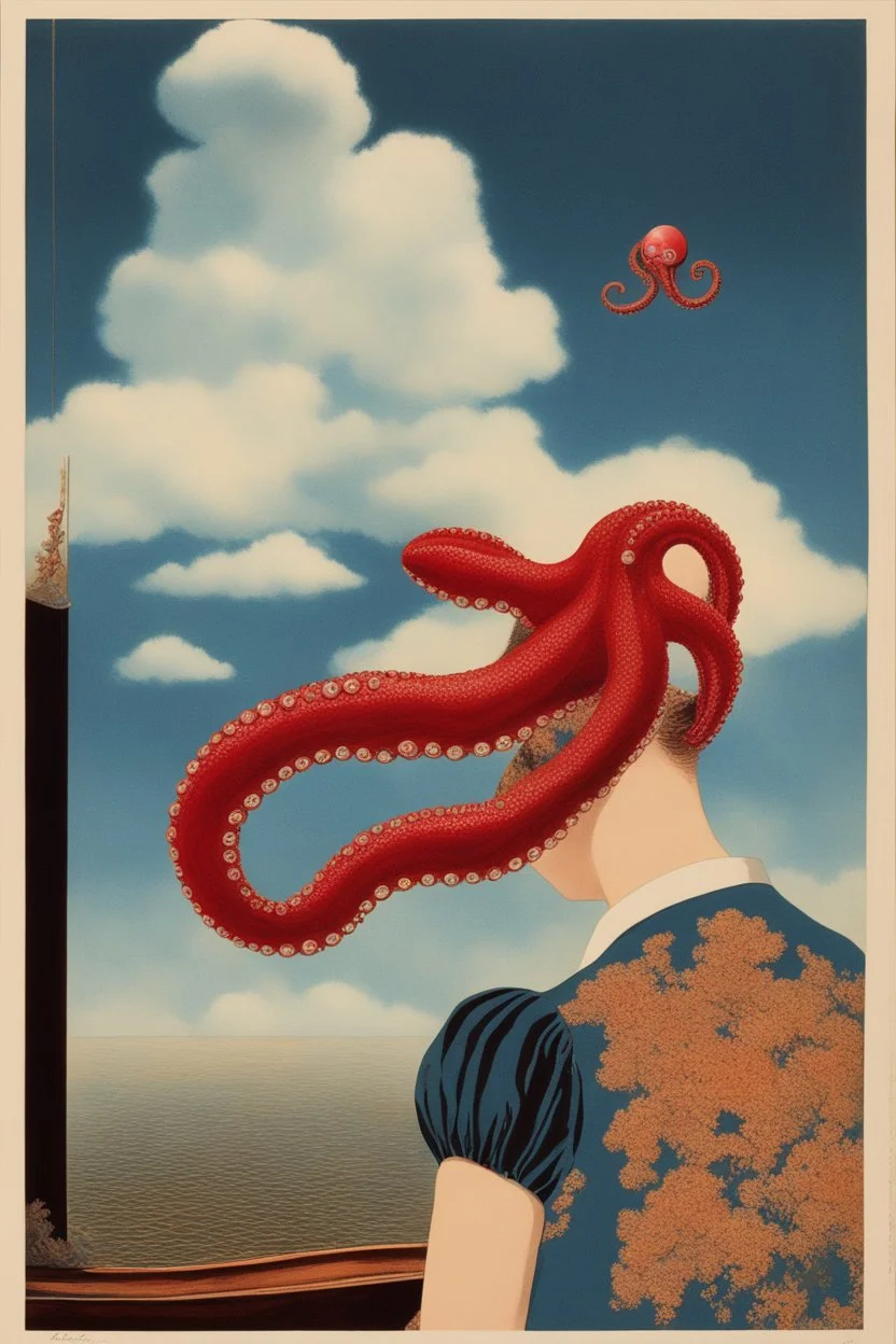 Octopus ,cloud in blue sky, a red lip, collage art, shuji terayama, dreamy objects, surreal, criterion collection, showa era, intricate details, mirror