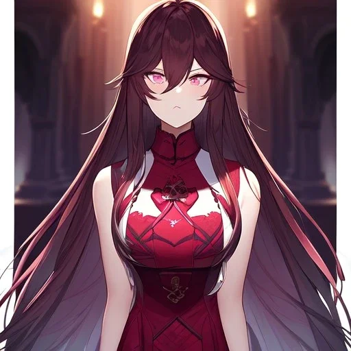 Clear focus,8k,Beatiful Lighting,Beatiful Blur,Beatiful Face,Beatiful Shading,Crimson long hair,silky hair, long silky bangs, pink eyes, wearing a detailed outfit outfit,must wear a short black skirt, Hair in eyes, lot of hair,One arm is sleeveless,Extreme Close Up