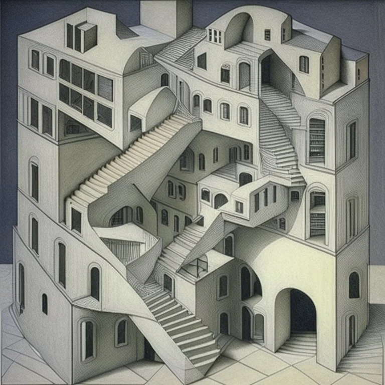 A building in 3 axis with stairs upside down and in several spacial dimensions and directions by artist "Escher" and "Tichenor"