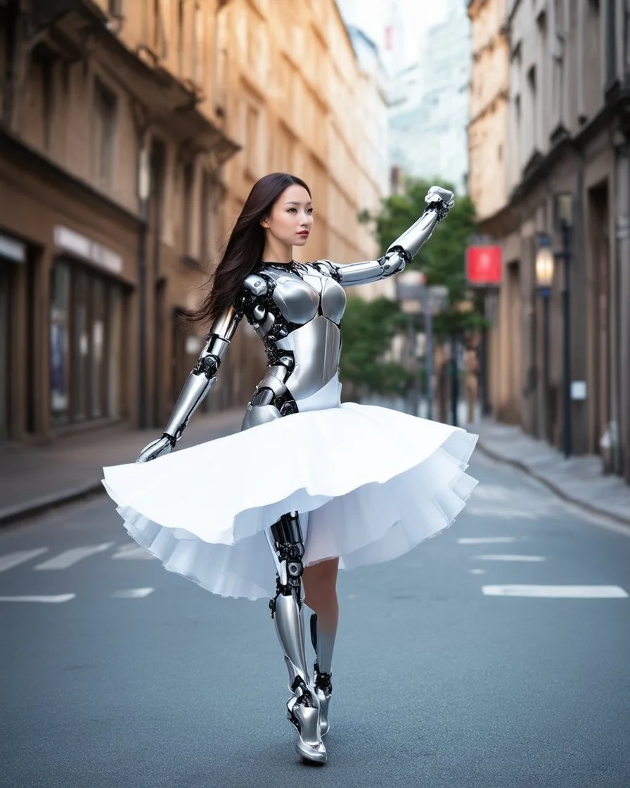 Photography beautiful woman as cyborg dancer wearing dress full mechanical,dancing on street